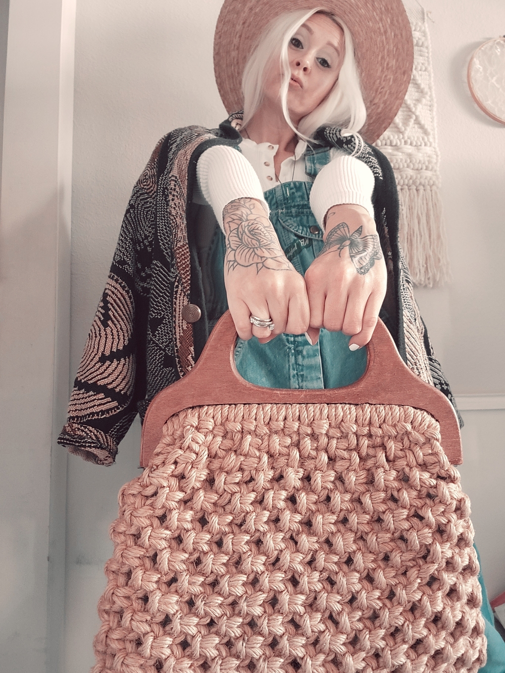 Vintage Handwoven Straw Tote with Wooden Handles - Natural Brown